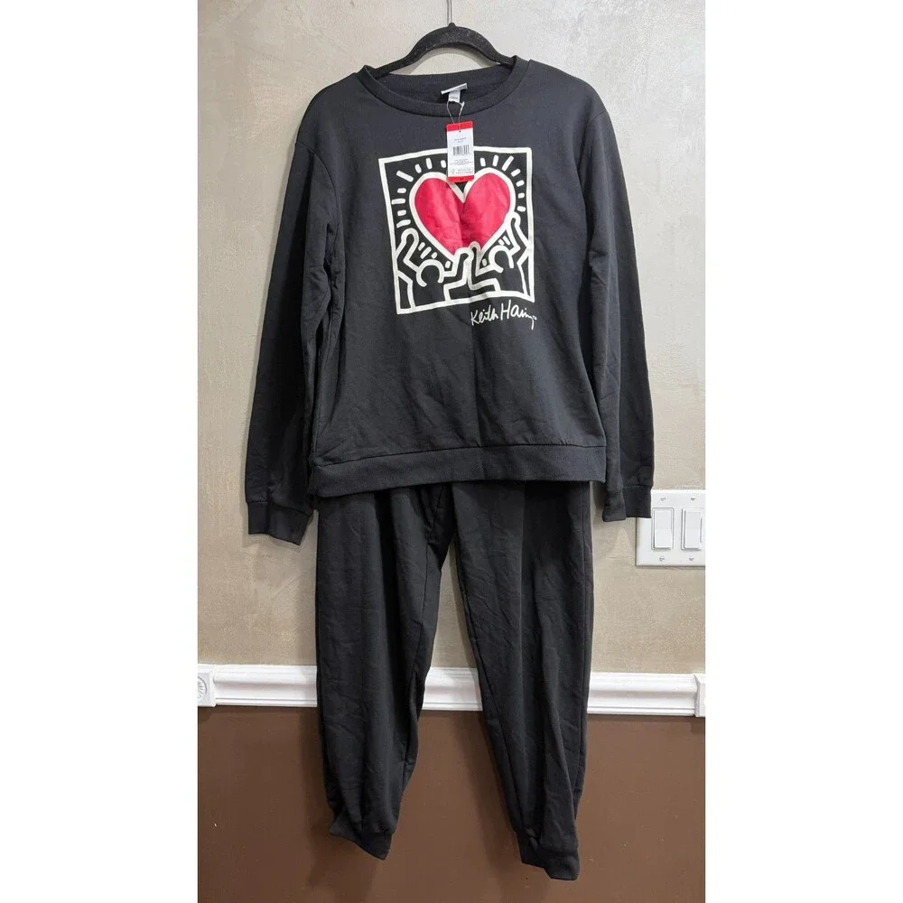 Keith Haring Womens 2 PC Lounge Set Black NWT Jogger Medium Sleepwear Fleece - Picture 2 of 5